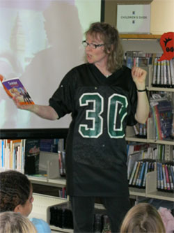 Beverley Brenna presenting to students at Confederation Centre Public Library, Charlottetown