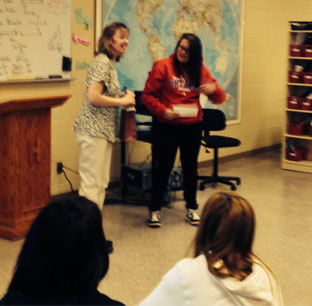 Beverley Brenna presenting to students at Hernewood Junior High School, Prince Edward Island